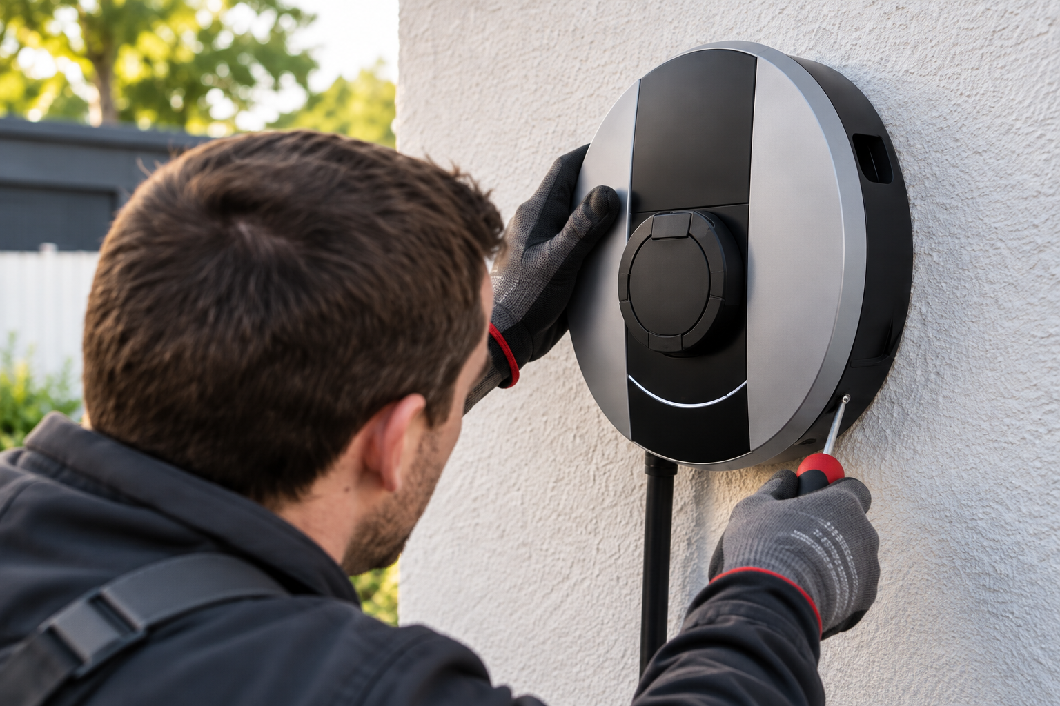 Professionelle Wallbox Installation. Elektriker installiert POD POINT Ladestation